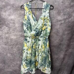 Elizabeth and James Floral Silk Faux Wrap Dress Size S Green Yellow Floral Fairy